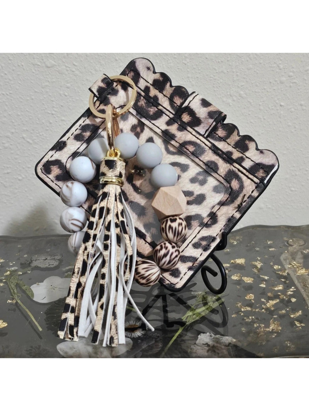 Leopard Print Beaded Wristlet Card Holder